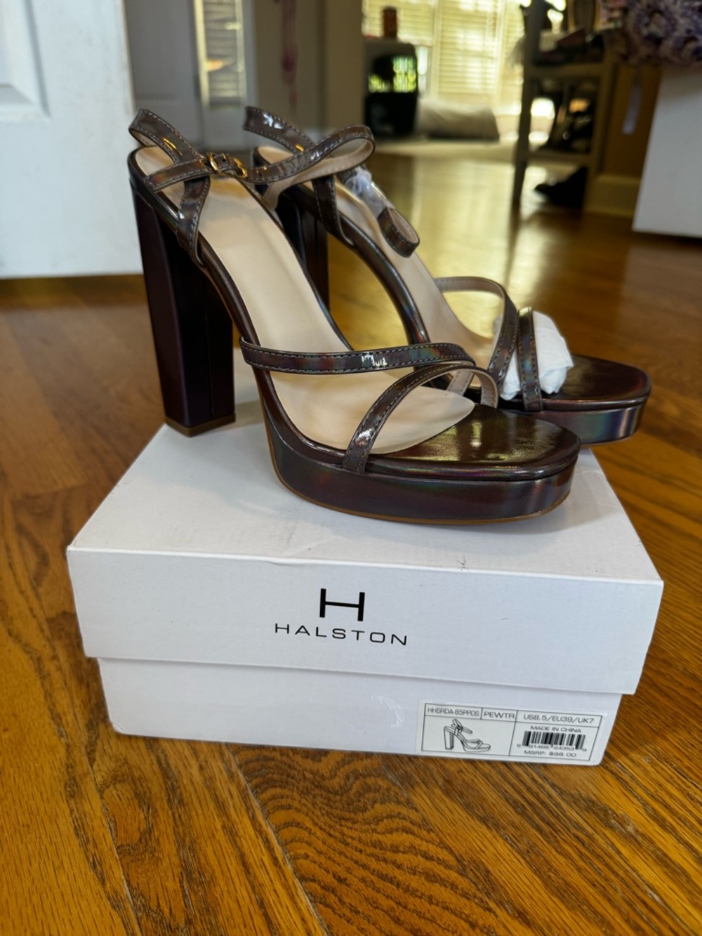 Women 8.5 H Halston Sardinia Ankle Strap Platform block Heels Pewter Holographic
